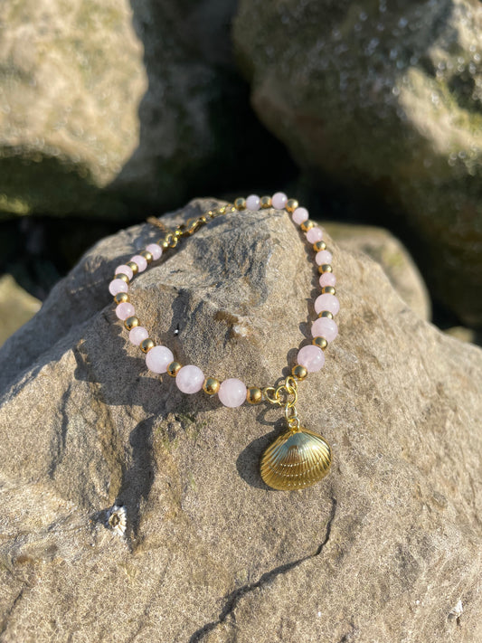 Bracelet "Luria Rosa" - Quartz rose & coquillage doré
